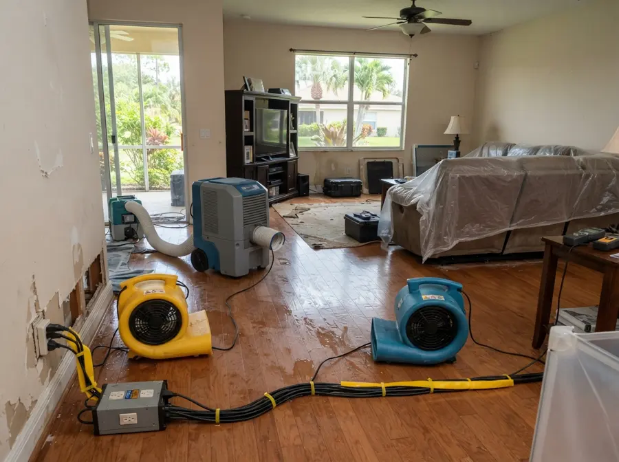 Air movers and a dehumidifier drying a wet living room with a lanai view in a Punta Gorda, FL home