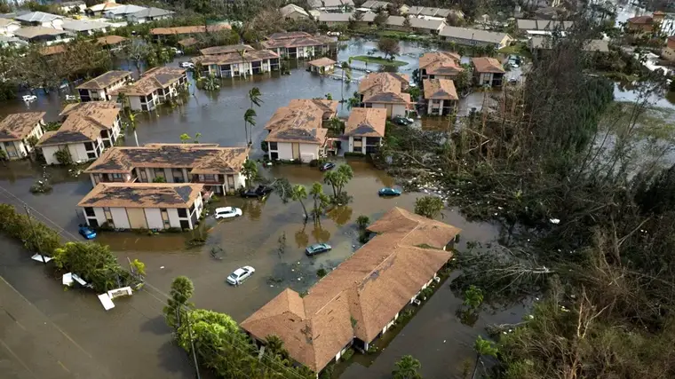 Aerial view of storm surge flooding a Southwest Florida neighborhood after a hurricane