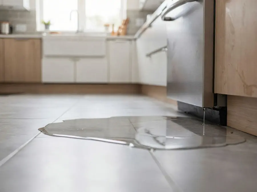 Water spreading across kitchen tile from a leaking dishwasher in a Punta Gorda home