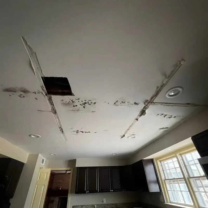 Ceiling drywall cracked and stained after wind-driven rain came through the roof in Charlotte County