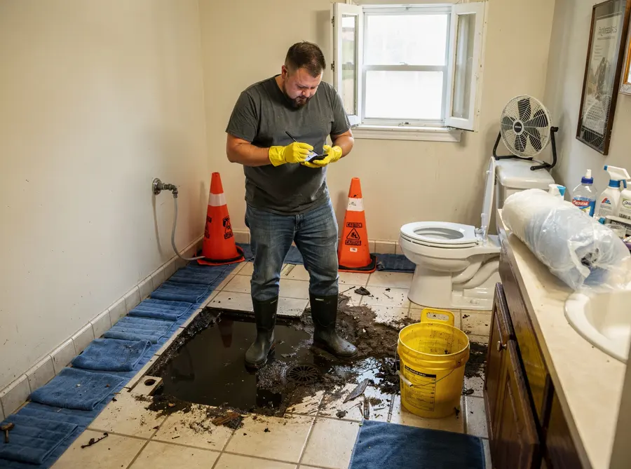 Bathroom floor opened up during a sewage backup cleanup in a Punta Gorda, FL home